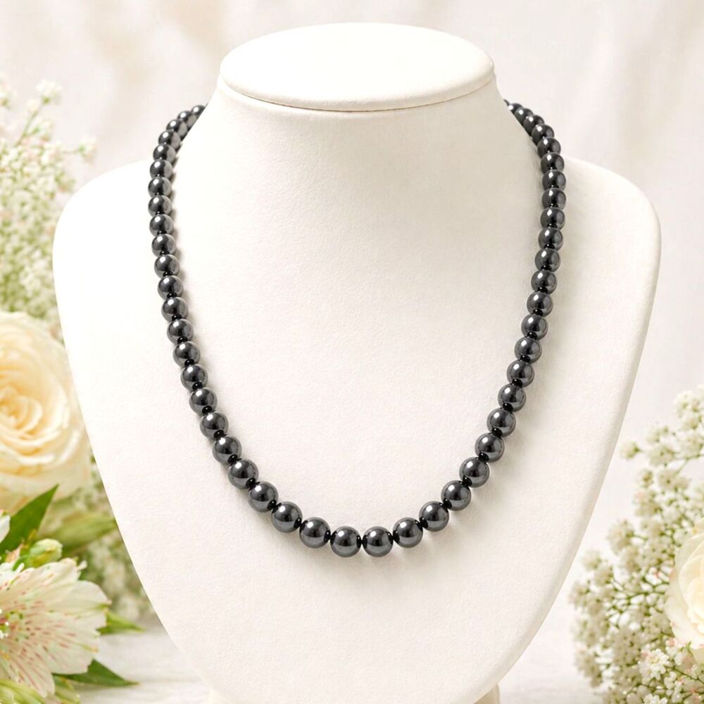 Vintage Hematite Beaded Necklace 18 Inch 8mm Beads